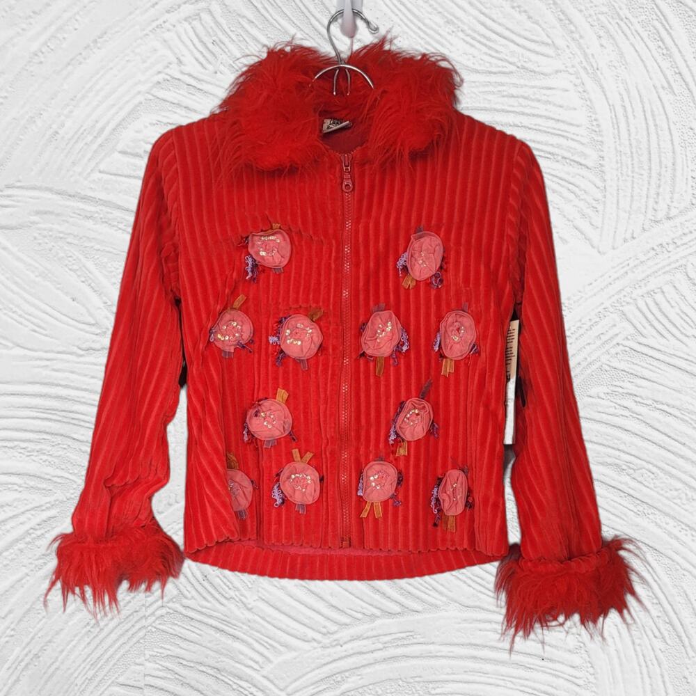Beetlejuice London Girls Corduroy Faux Fur Trim Jacket in Red Size 12